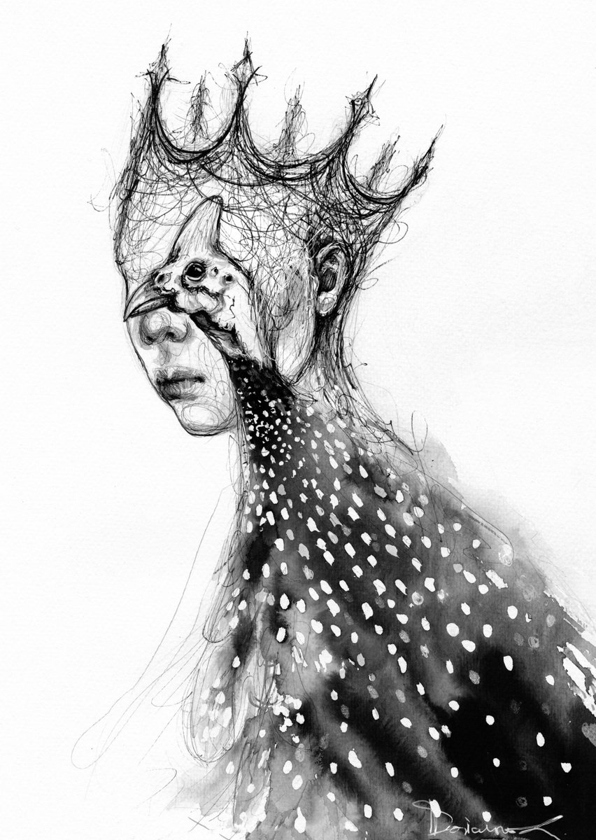 Expressive Portrait Ink Drawing By Doriana Popa, 8 X 12, Fowl, Original Artwork