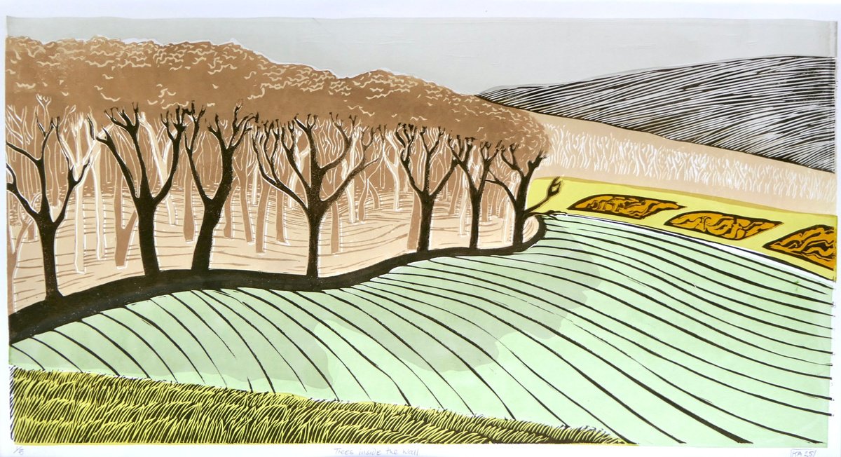 Illustrative Landscape Linocut By Keith Alexander, 32 X 19", Trees Within The Wall, Original Artwork