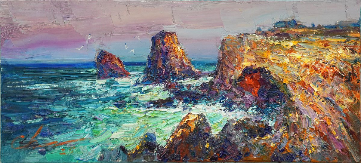 Impressionistic Landscape Oil Painting By Serhii Cherniakovskyi, 22 X 10", Element Of Water, Original Artwork