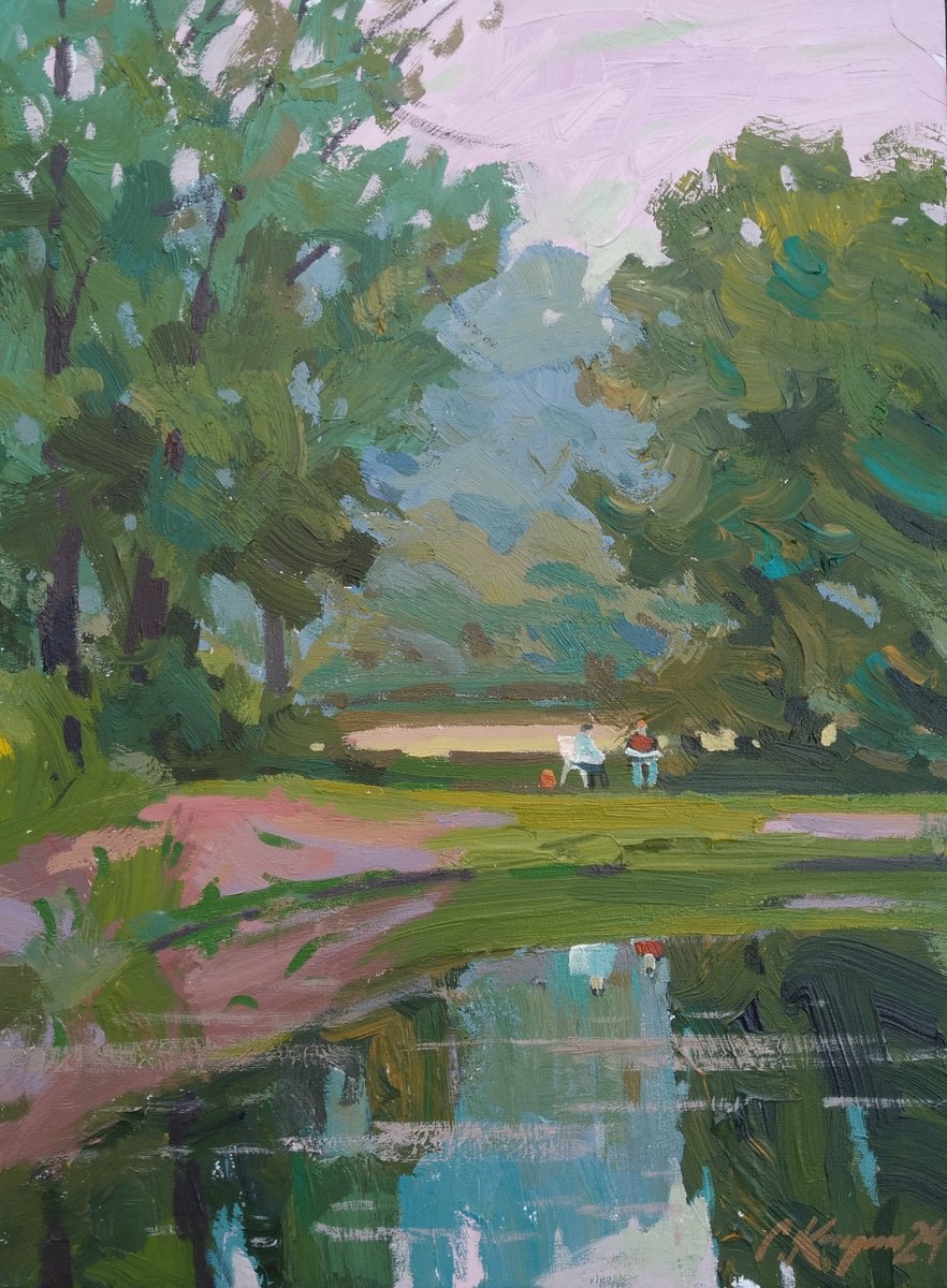 Impressionistic Landscape Acrylic Painting By Sergey Kachin, 18 X 24", Conversation, Original Artwork