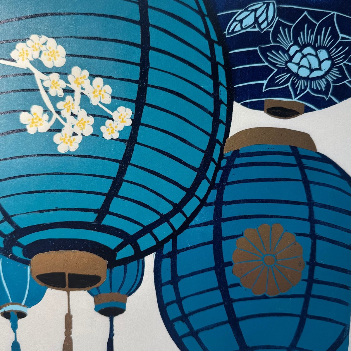 Impressionistic Abstract Linocut By Joanne Spencer, 8 X 8, Paper Lanterns, Original Artwork