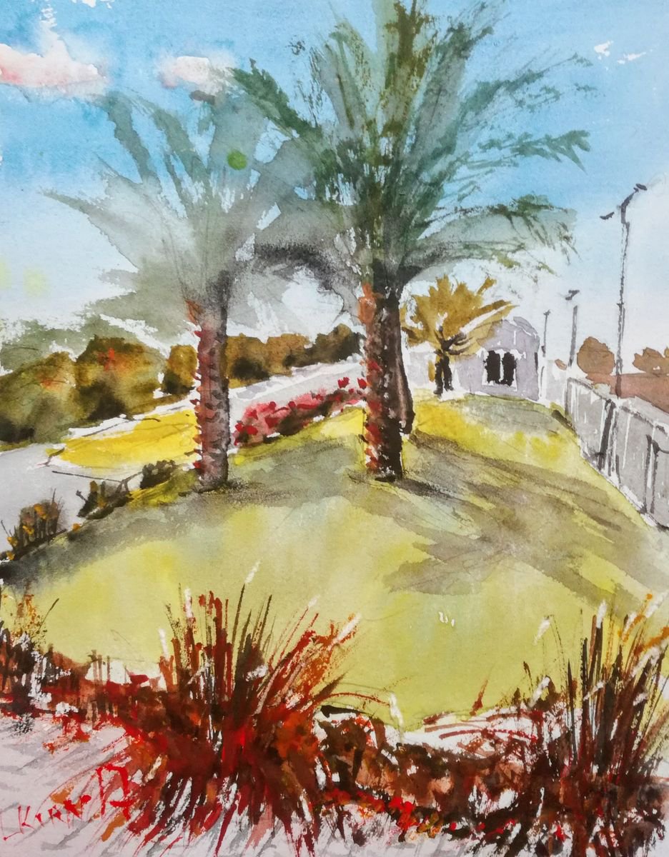 Impressionistic Cityscapes Watercolour By Leonid Kirnus, 7 X 9", Sunny Day, Original Artwork