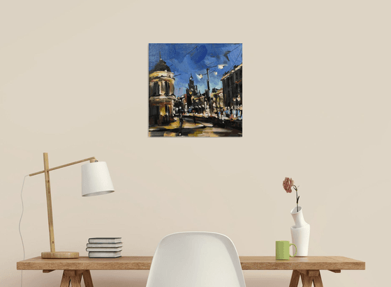 Walk around the city at night.Original oil painting, Handmade artwork.