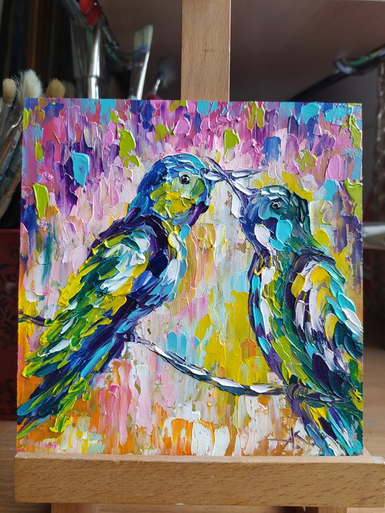 Colors around us -  oil painting, birds love, love, birds, animals oil painting, art bird, impressionism, palette knife, gift.