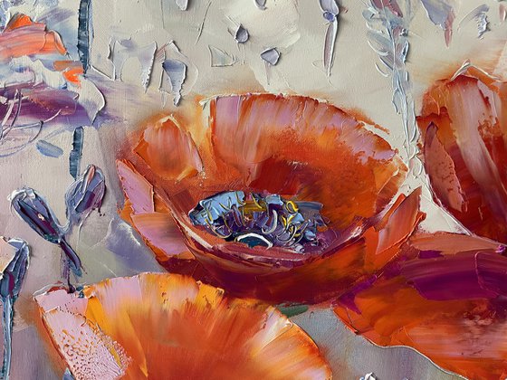 "Red poppies". Flowers oil painting. 100x80cm