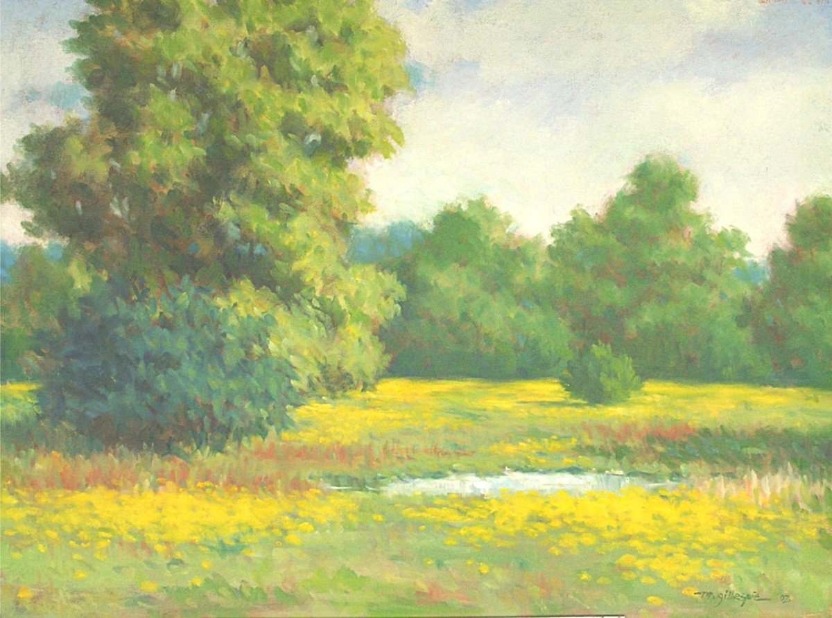 Impressionistic Landscape Oil Painting By Michael Gillespie, 24 X 18", Field With Yellow Flowers, Original Artwork