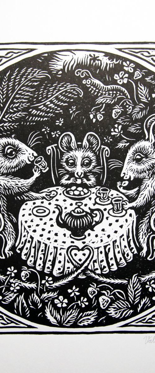 Mouse, Mice, Rat Family Tea Table Scene Art. Linocut Print. by Valdis Baskirovs