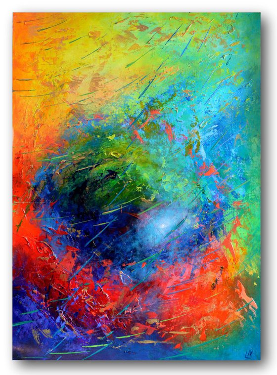 Turquoise, yellow, red and gold abstract - Rainbow Rain