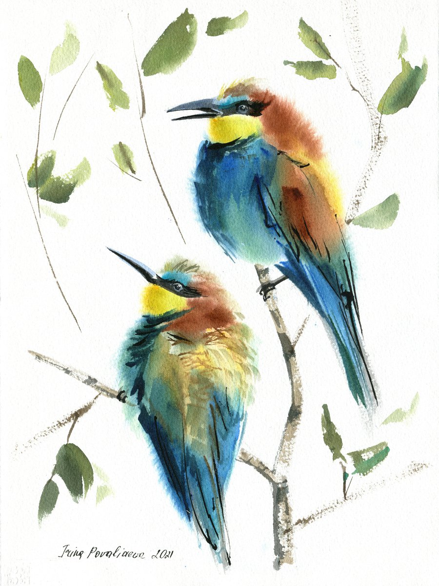 Golden bee-eater birds watercolor painting with bright birds on brunch, living room decor by Irina Povaliaeva