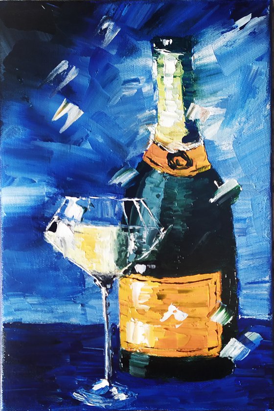 Champagne, original still life oil painting, gift idea, small art for home