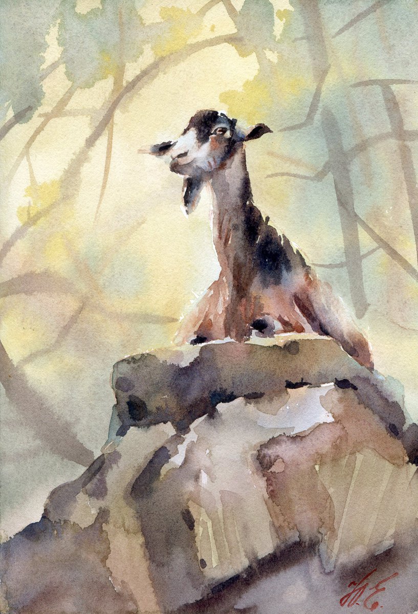 Wild goat in the Avakas gorge Watercolor nature of Cyprus by Yulia Evsyukova