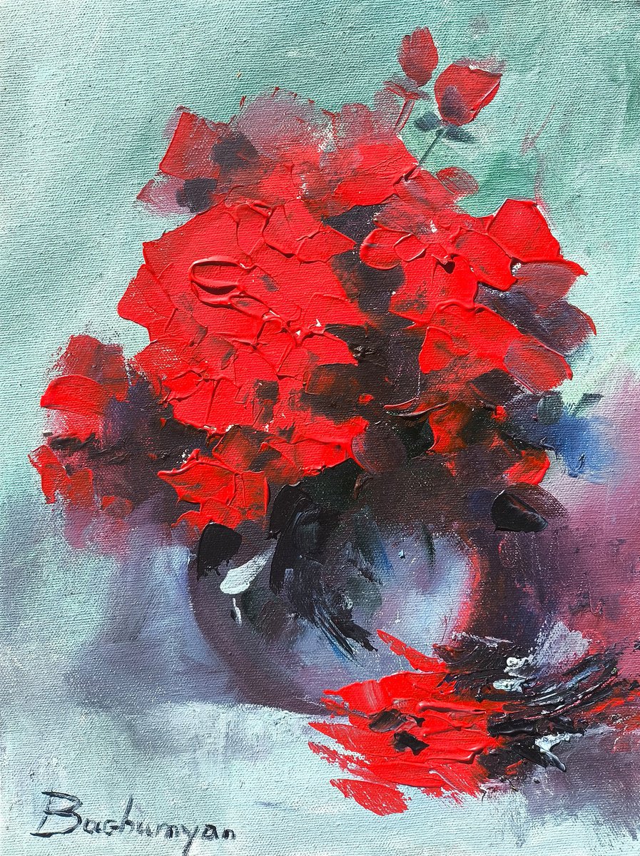 Impressionistic Botanical Oil Painting By Vahe Bagumyan, 12 X 16", Crimson Roses, Original Artwork