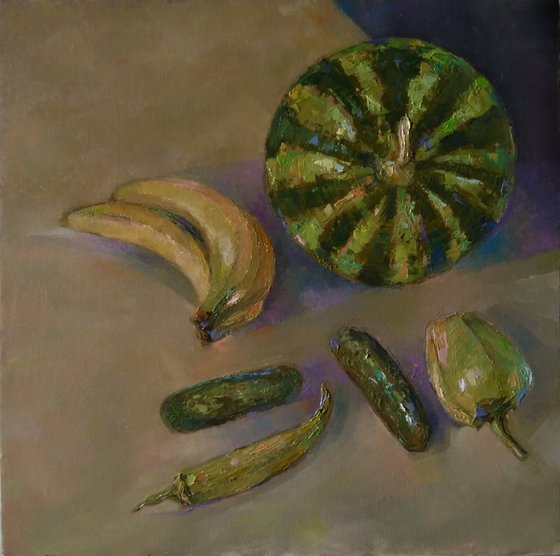 Green still life  (45x45cm, oil painting, ready to hang)
