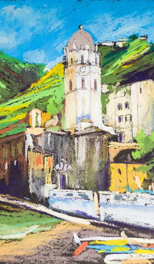 Vernazza, Cinqueterre. Cities of my dreams series. Small oil pastel drawing bright colors italy by Sasha Romm