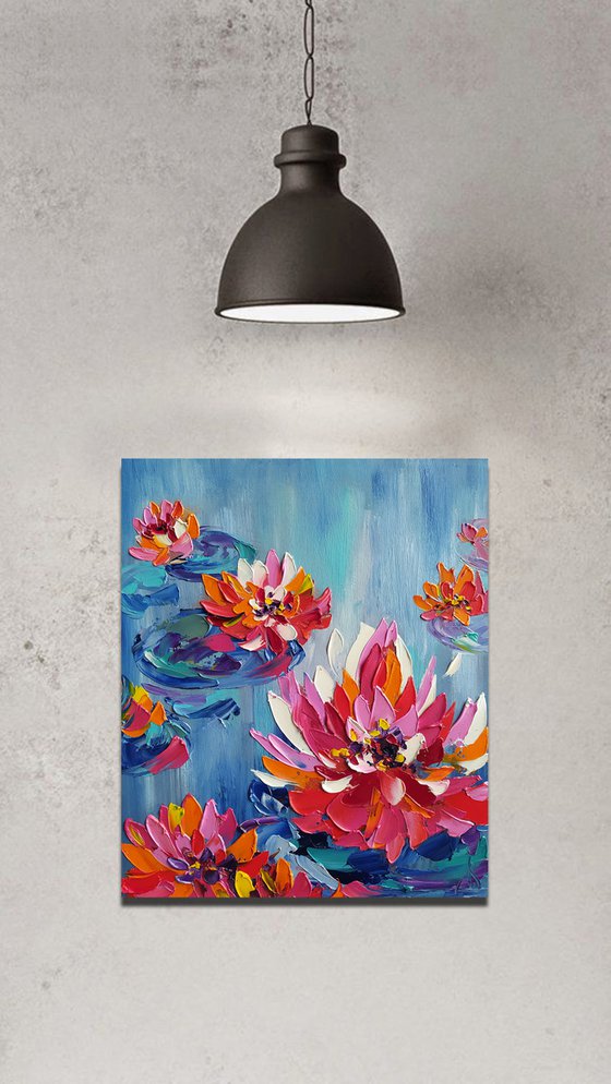 Water lilies -  lilies oil painting, lake, river, flowers in water, flowers on the river, water lilies, water lilies oil painting
