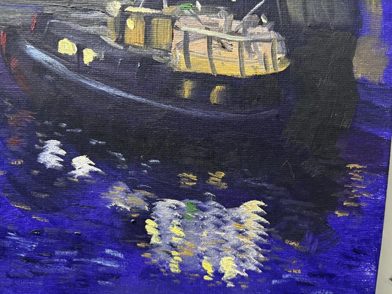 Nighttime Dutch canal boat