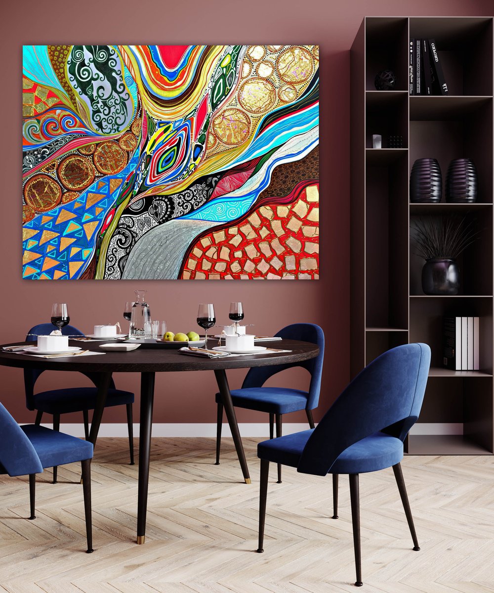 Large abstract painting - Blue gold red wall art by BAST