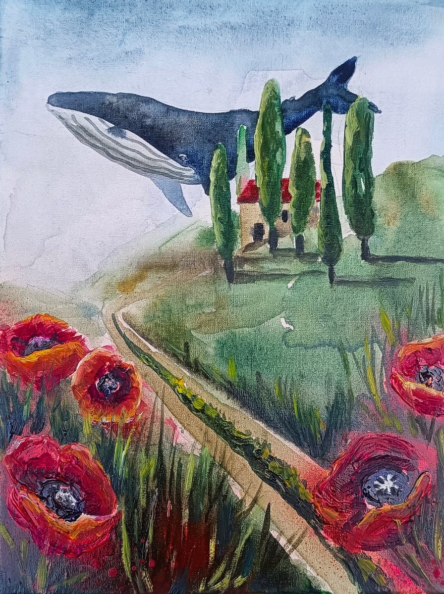 Surrealistic Landscape Painting By Evgenia Smirnova, 9 X 12, In Poppy Flowers Field 2, Original Artwork