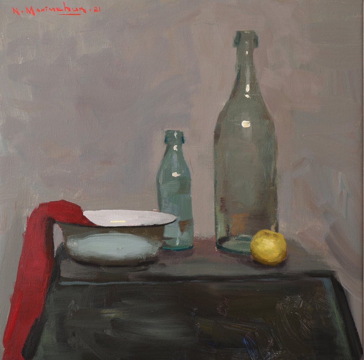 Acrylic Painting , Still Life With An Apple By Nikita Maksimchuk, 16 X 16, Artwork For Sale On Artfinder
