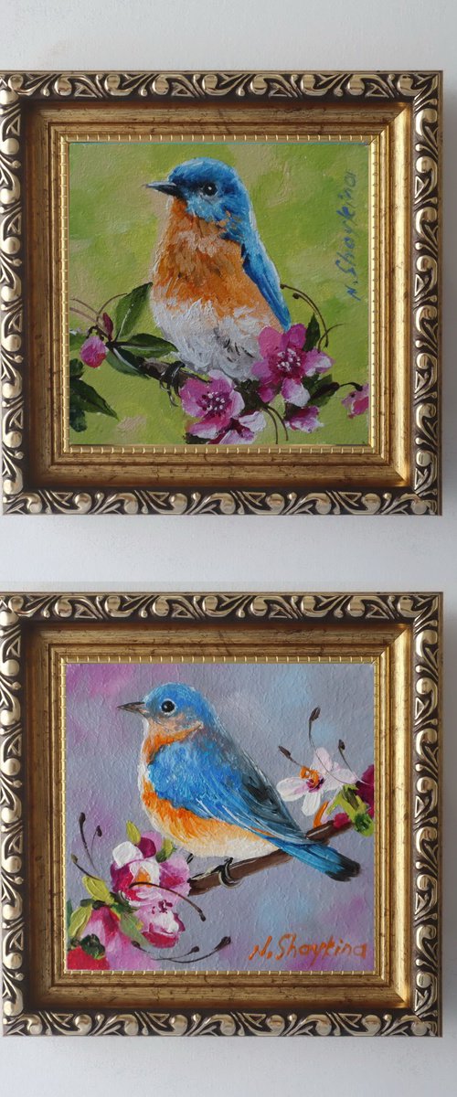 Bluebird on Blossom Branch, Happiness Bird by Natalia Shaykina