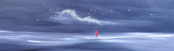 Moonlight Murmuration - Seascape, Murmuration, Panoramic, XL, Modern Art Office Decor Home