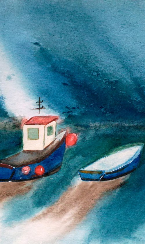 Boat original watercolor painting by Halyna Kirichenko