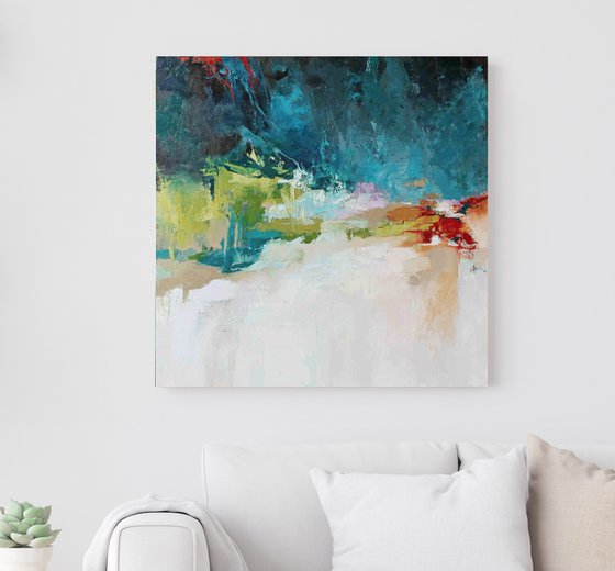 "Thunderstorm" Teal green red abstract art
