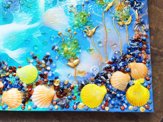 Under the Sea. Fantasy fairy tale Decorative painting with lapis lazuli, citrine, carnelian and shells