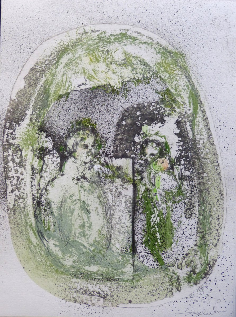 Expressive Portrait Drawing By Frederic Belaubre, 8 X 11, Green Mood 34, Acrylic, Original Artwork