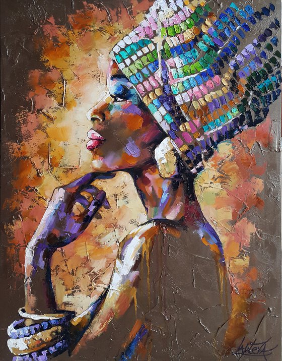 Painting Portrait african woman, abstract portrait girl face, original