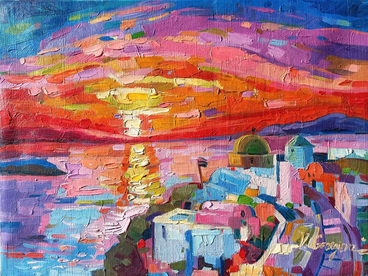 Impressionistic Landscape Oil Painting By Vanya Georgieva, 16 X 12", Santorini Sunset, Original Artwork
