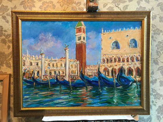GONDOLAS NEAR PIAZZA SAN MARCO -  original oil painting, cityscape, landscape, home decor, gift idea, living room decor, water, Venice, Italy, vacations, gift 58x79