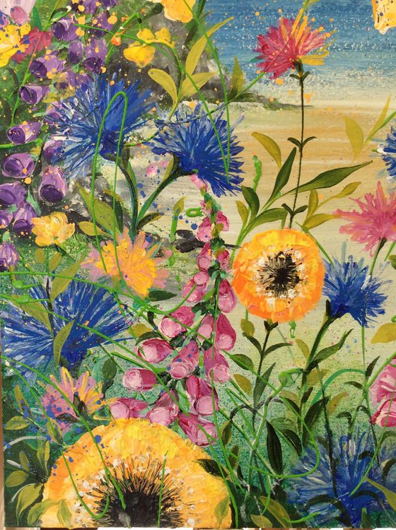 Cornflowers and Poppies by the Sea # large # Framed