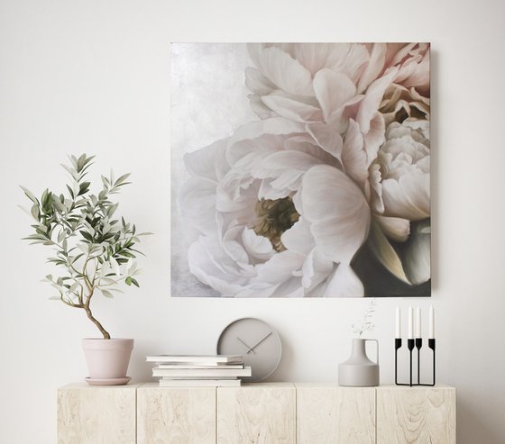 "Silk peonies" White silver oil flower art
