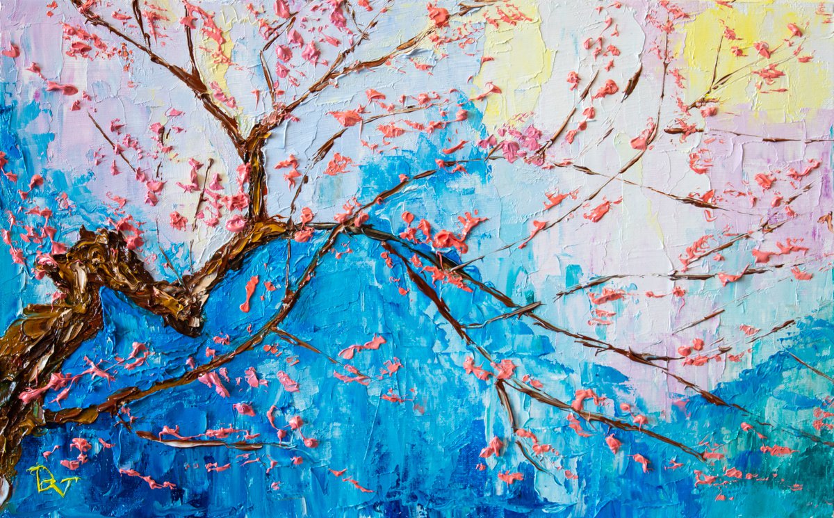 Impressionistic Botanical Oil Painting By Vladyslav Durniev, 16 X 10", Cherry Blossom Branch, Original Artwork
