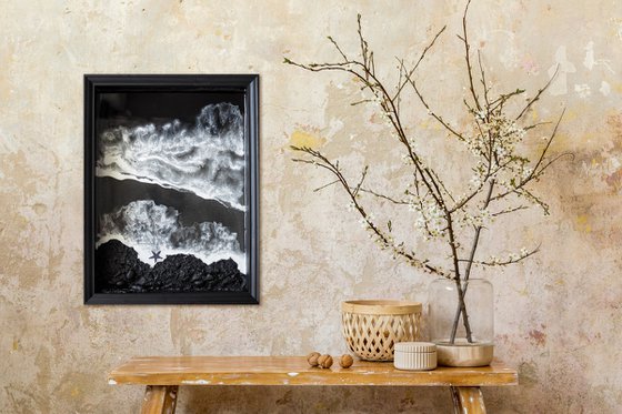 Black and white voluminous beach - original resin seascape artwork, 3d and framed