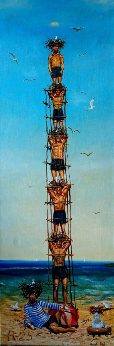 Surrealistic Landscape Oil Painting By Serhiy Roy, 14 X 41", Nests For Seagulls.volunteers, Original Artwork