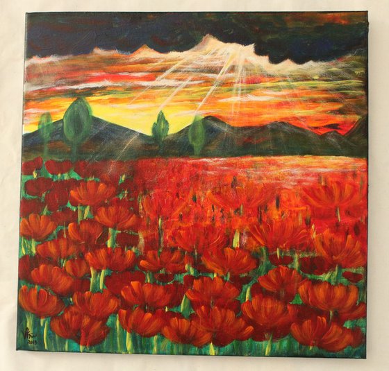 A day in a Poppy Field, Acrylic Painting, Ready to hang