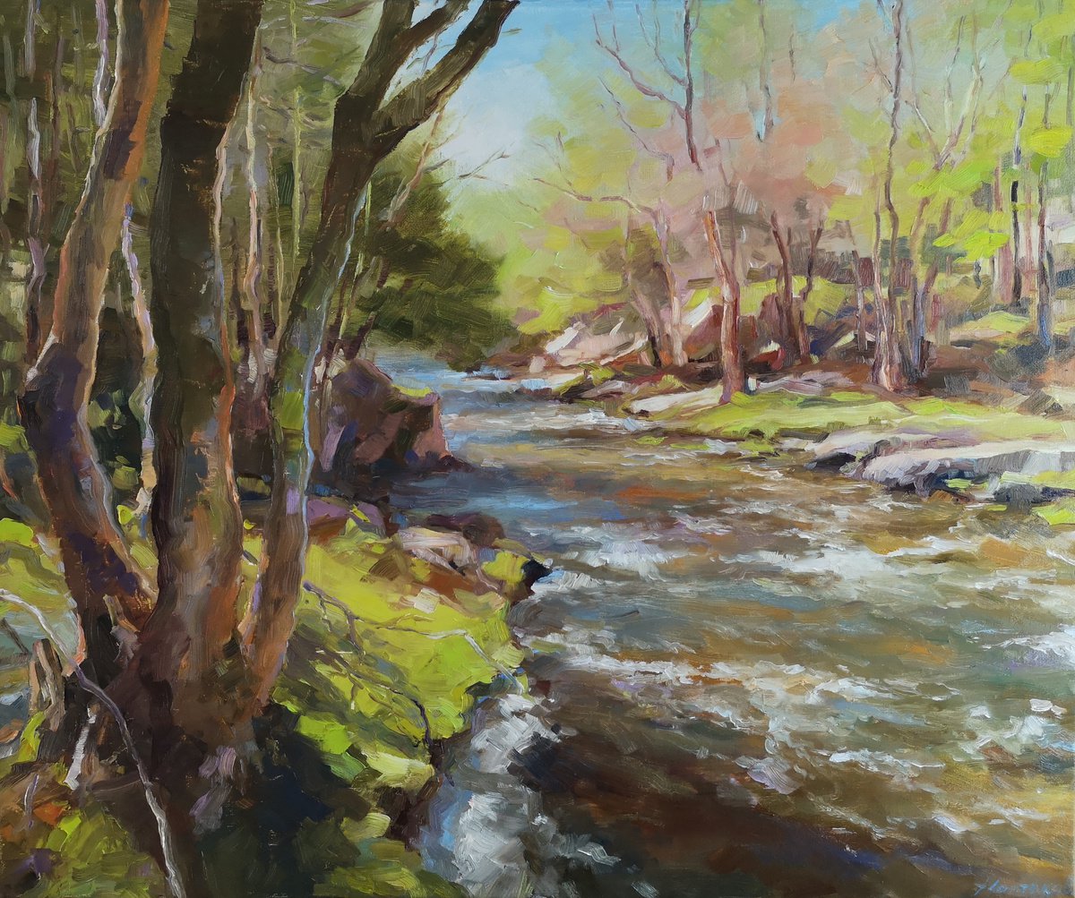 Rushing river, original, one of a kind, oil on canvas impressionistic style painting (20x... by Alexander Koltakov