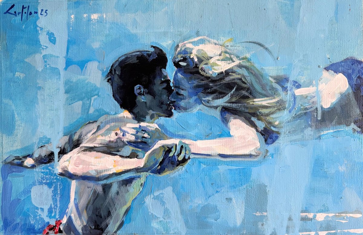 Impressionistic Portrait Oil Painting By Marco Ortolan, 16 X 10", Kissing Underwater, Original Artwork