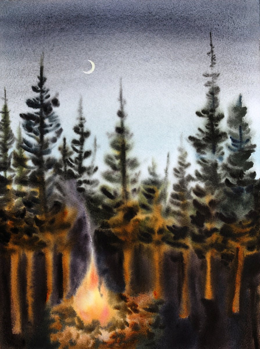 Impressionistic Landscape Watercolour By Delnara El, 11 X 15, Campfire In The Winter Forest, Original Artwork