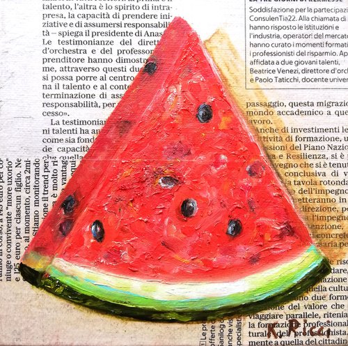"A Slice of Watermelon on Newspaper" Original Oil on Canvas Board Painting 6 by 6 inches (15x15 cm) by Katia Ricci