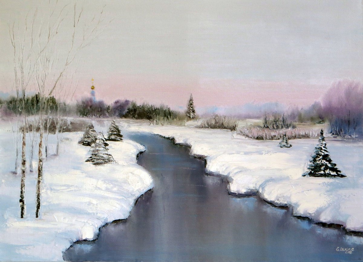 Expressive Landscape Oil Painting By Elena Lukina, 28 X 20, Winter Landscape, Original Artwork