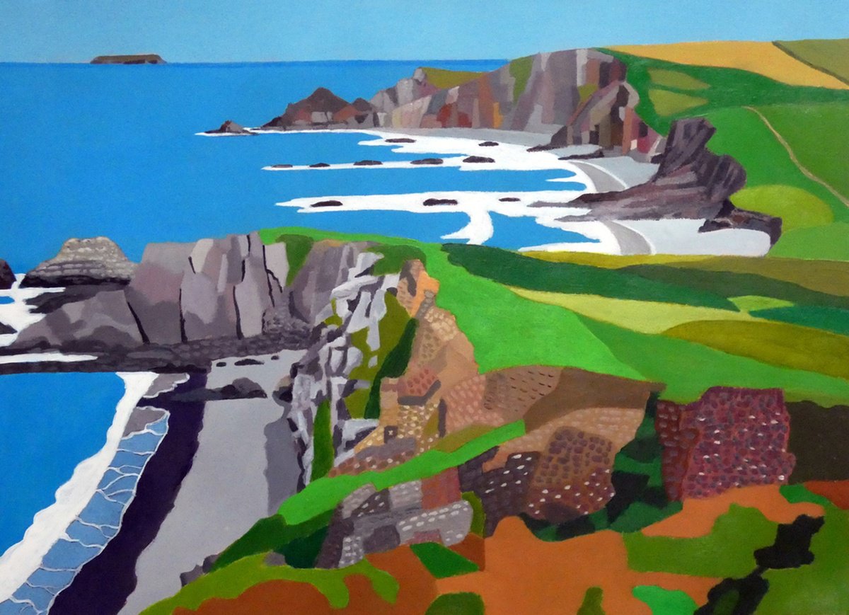 Landscape Acrylic Painting By Tim Treagust, 17 X 12", Blackpool Beach Near Hartland, Original Artwork