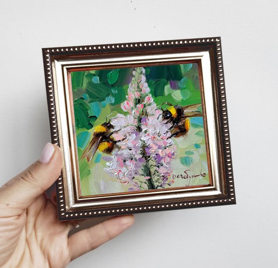 Bumblebee art painting original small framed art, Couple gift idea anniversary Green flowers oil painting