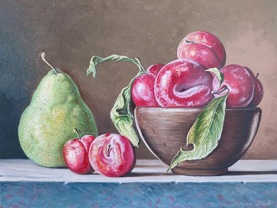 Still life -  plums and pear