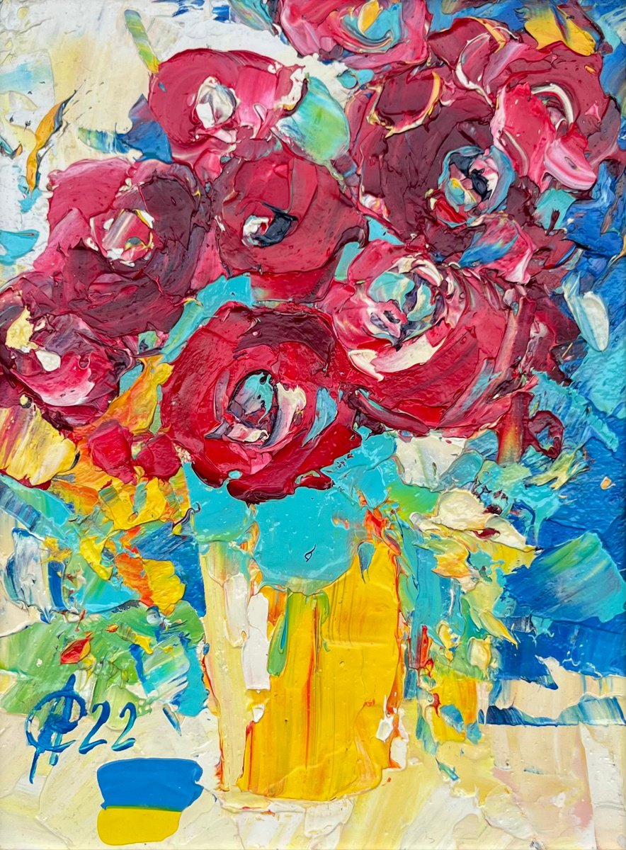 Abstract Botanical Oil Painting By Svitlana Andriichenko, 7 X 9", Pomegranate Roses, Original Artwork