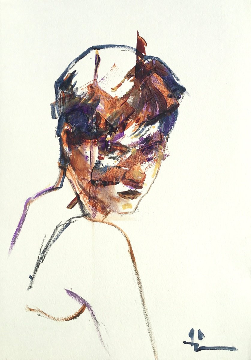 Expressive Portrait Acrylic Painting By Dominique Deve, 11 X 17, Dorot, Original Artwork