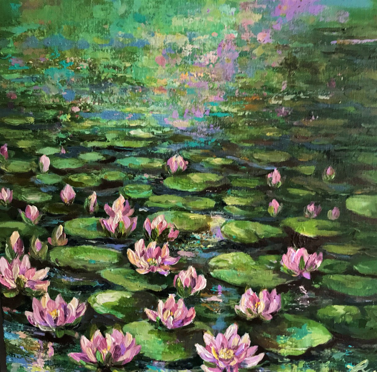 Impressionistic Botanical Acrylic Painting By Colette Baumback, 20 X 20, Lily Pond No6, Original Artwork