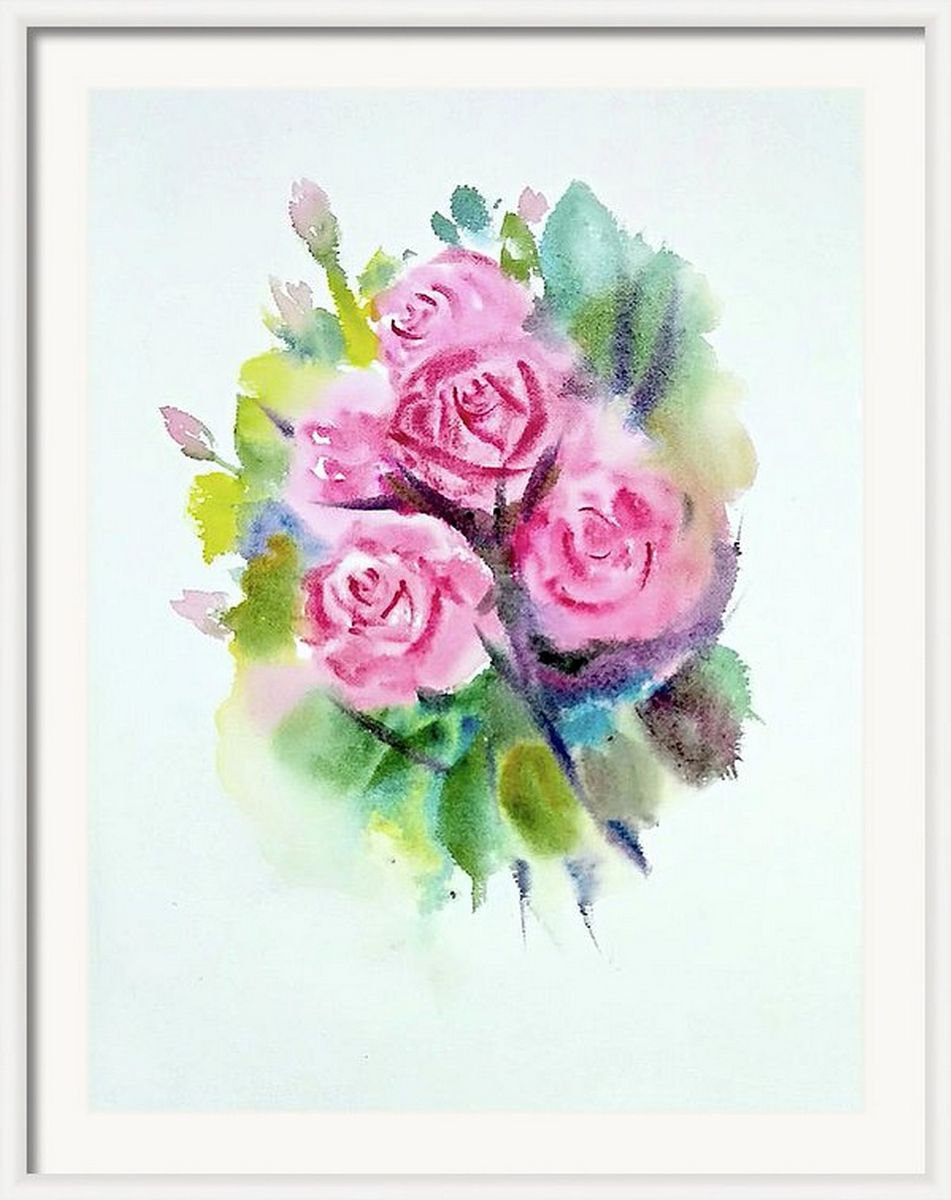 Five pink watercolor Roses Flowers Floral painting- 10.25x 14 by Asha Shenoy